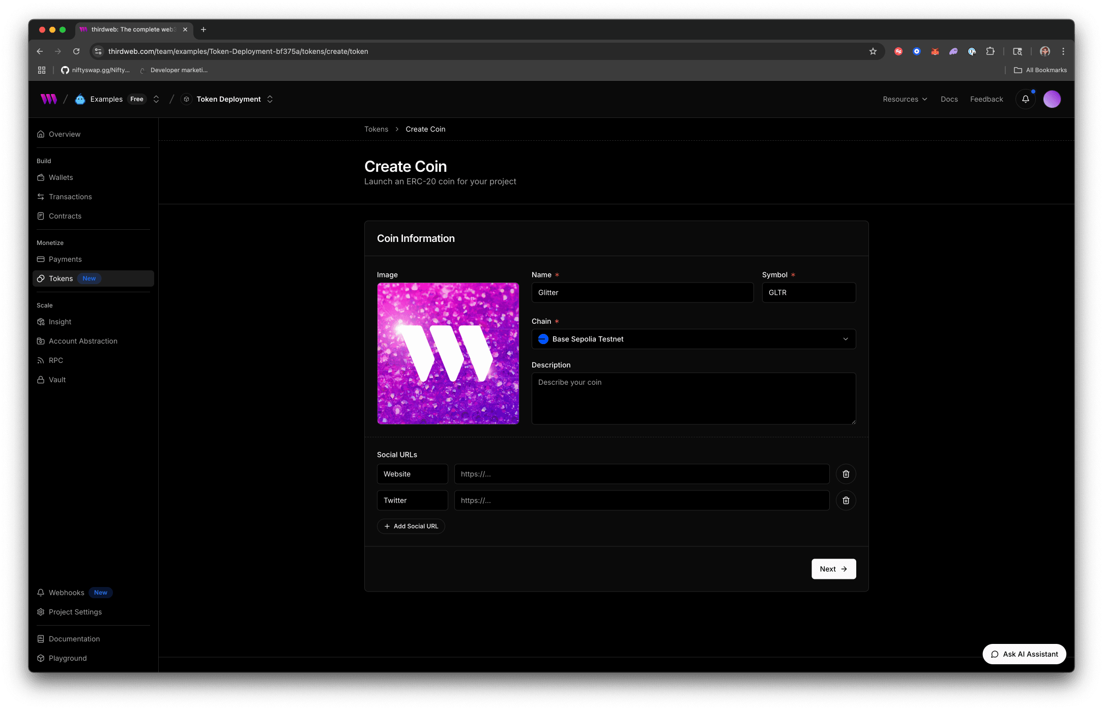 Configure token screen on thirdweb dashboard