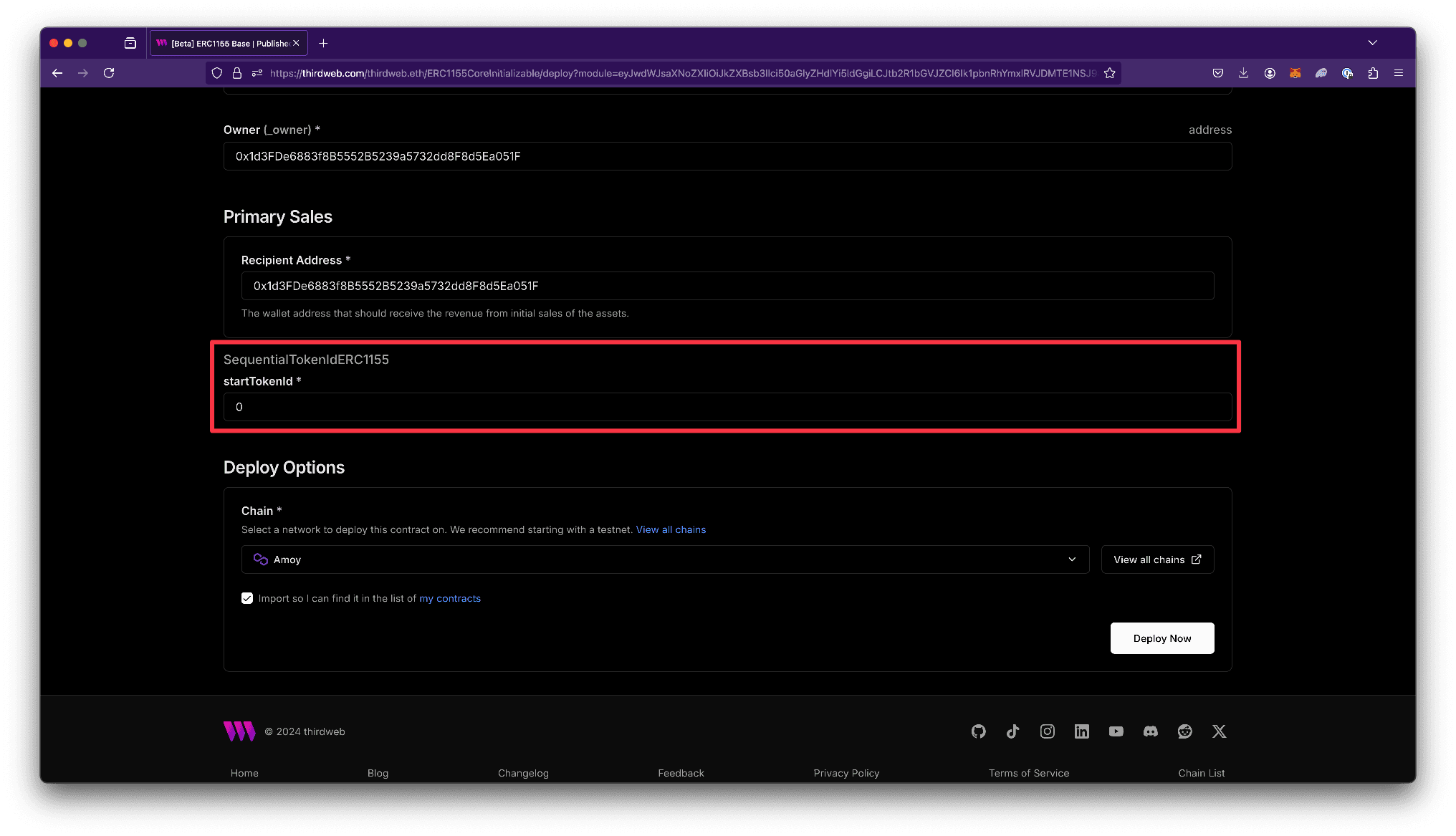 Screenshot of Edition configure sequential token id