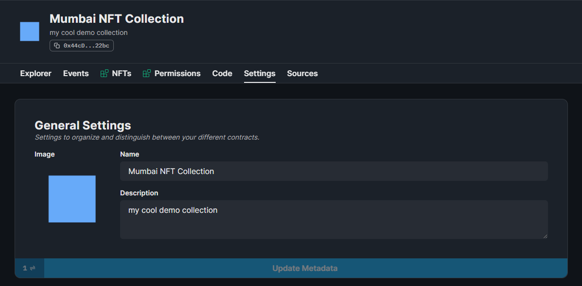 NFT Collection settings