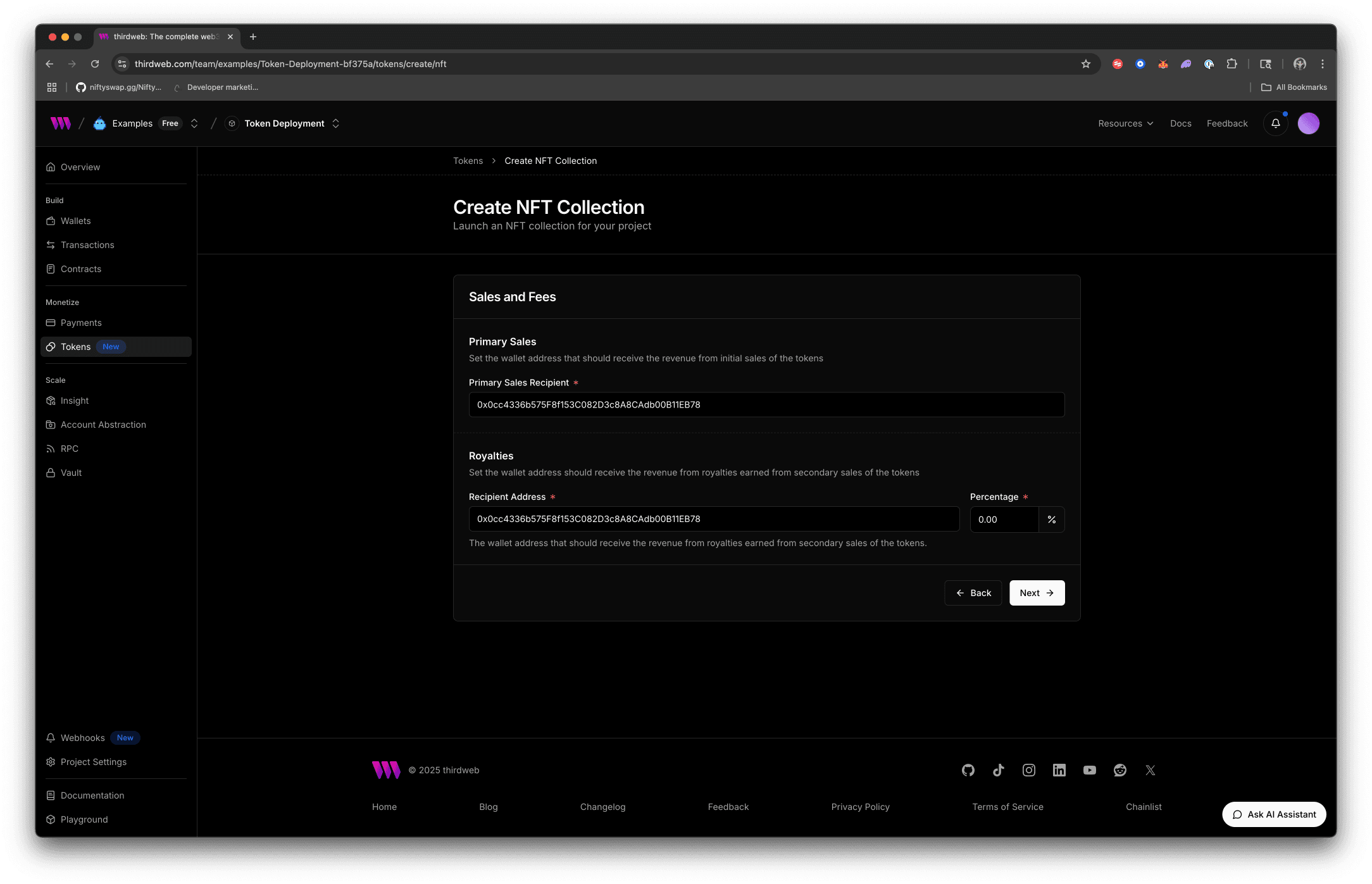 Sale recipients screen on thirdweb dashboard