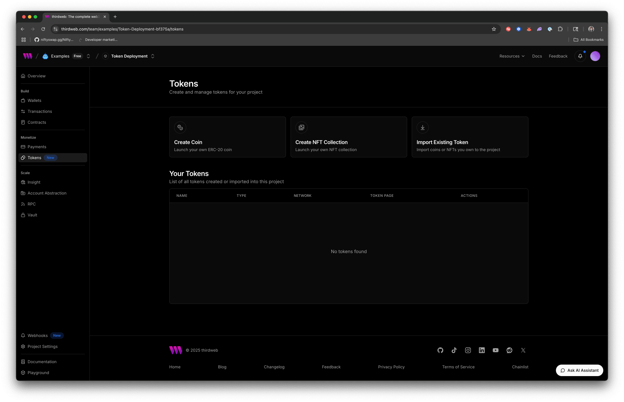 Token deployment screen on thirdweb dashboard